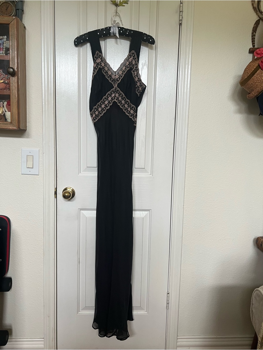Vintage Black Chemise Slip with Beige Lace Trim